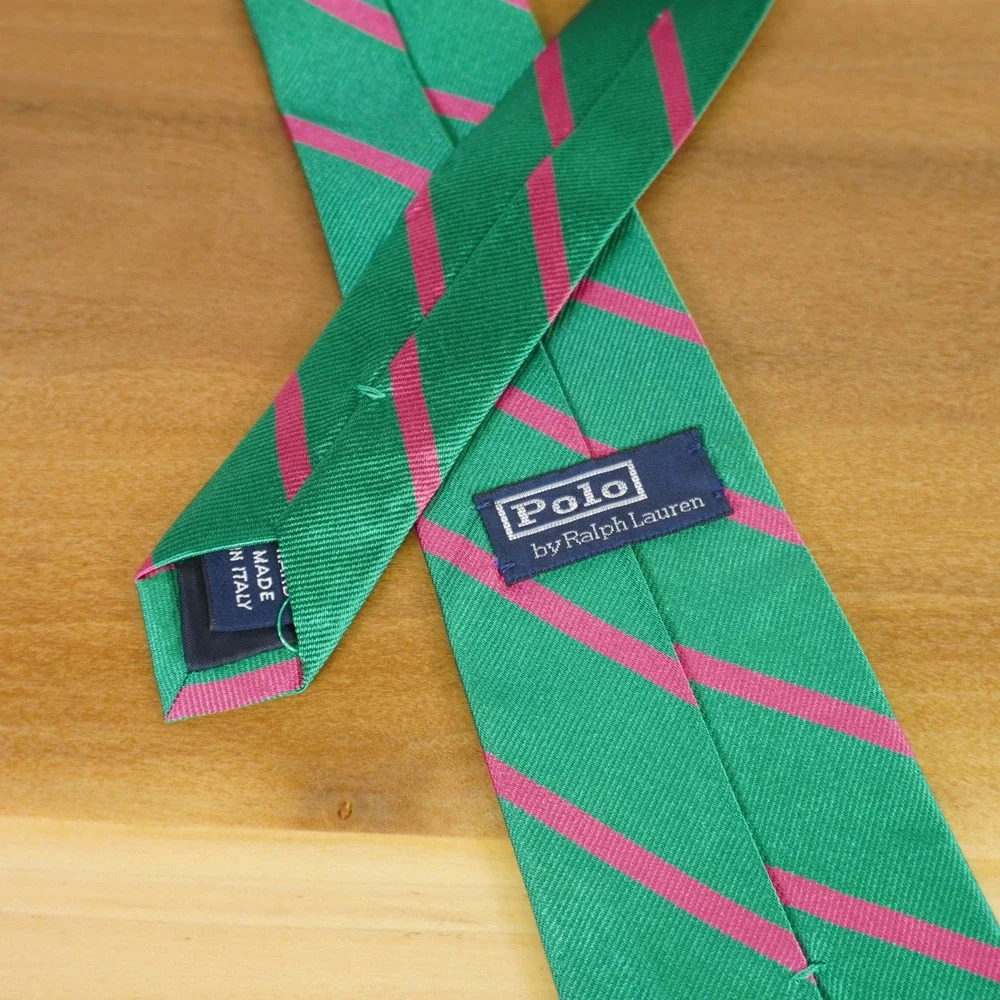 Polo Ralph Lauren Necktie Kids One Size Green Pink Striped Silk Italian Made